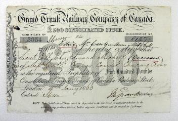 Compagnie de chemin de fer du Grand Tronc du Canada, 1863. Valeur de £500 