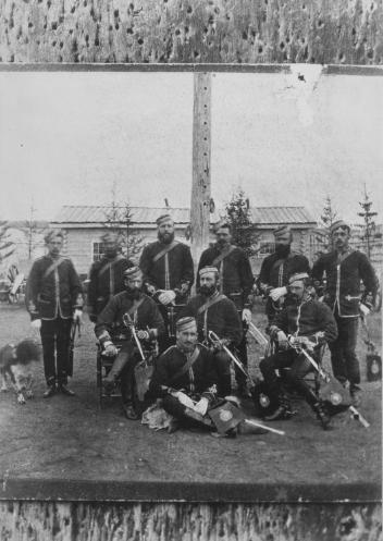 North West Mounted Police officers, Fort Walsh, SK, 1878, copied for Col. Irvine in 1886