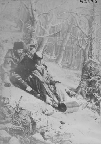 Mrs. N. Mercer and friends, tobogganing, Montreal, QC, 1869-70
